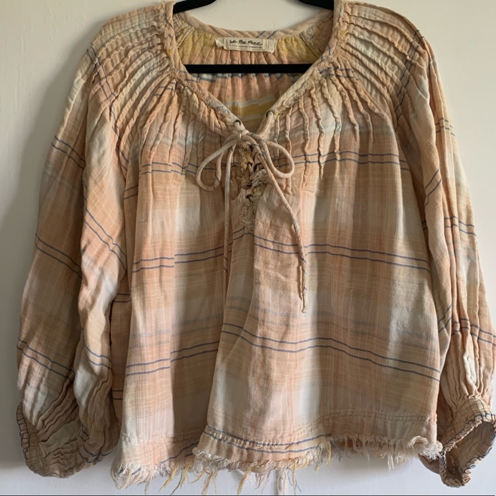 Free People We the Free White/Yellow Boho The Cloudbreaker Plaids Lace Blouse - Picture 6 of 11